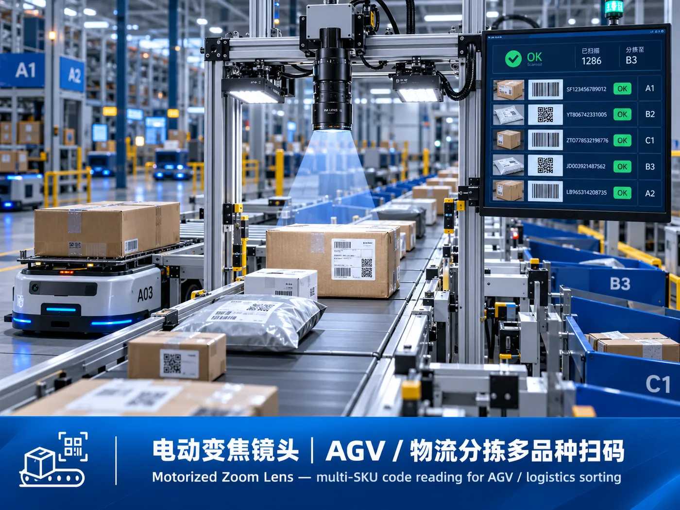 AGV 上使用电动变焦镜头进行多品类包裹分拣