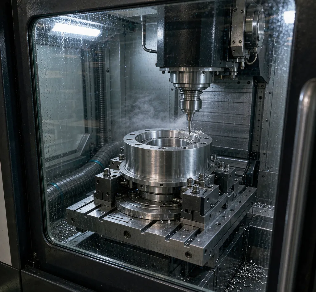 5-axis CNC milling machine cutting an aluminium lens housing