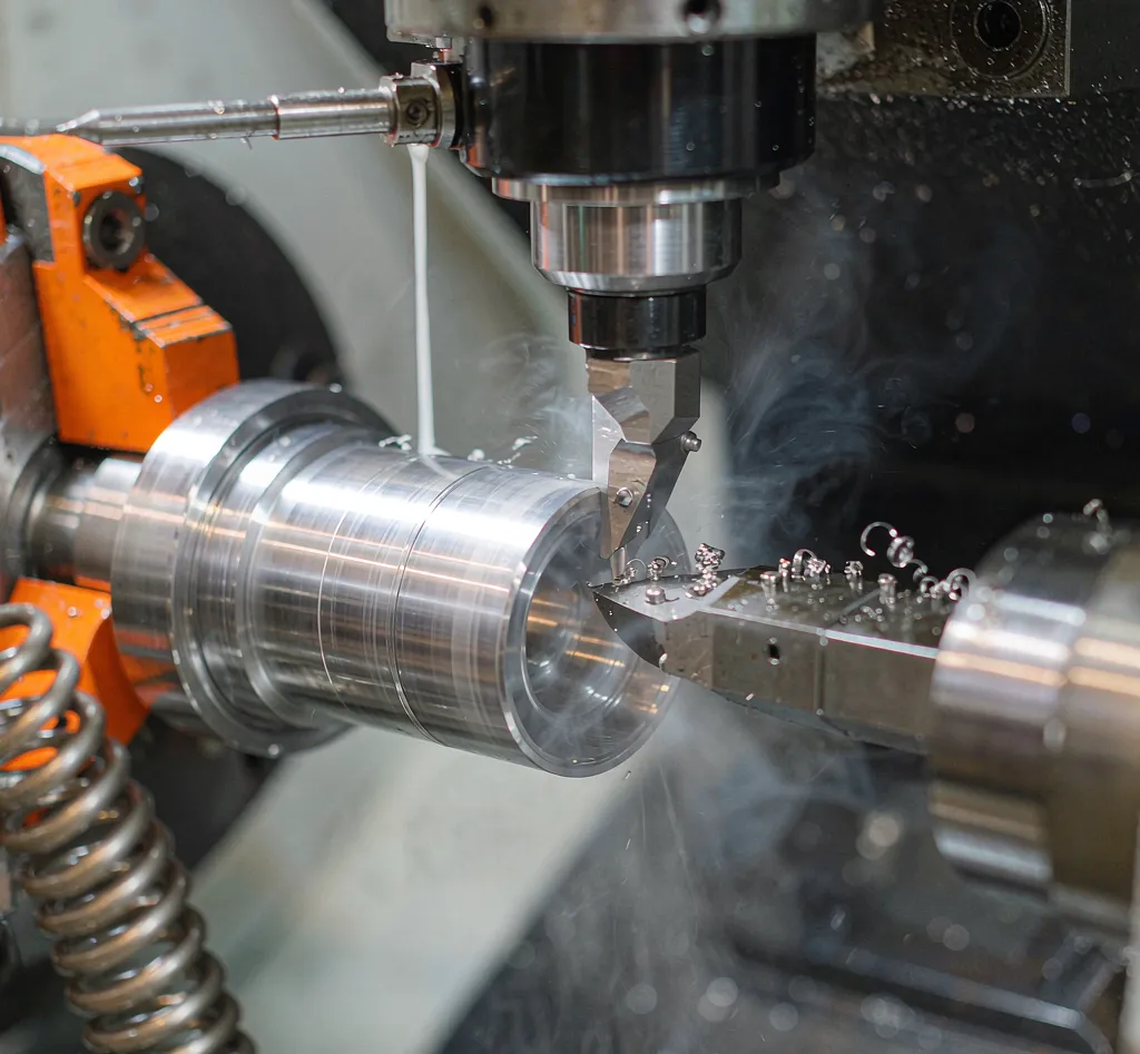 CNC lathe turning an aluminium optical lens barrel