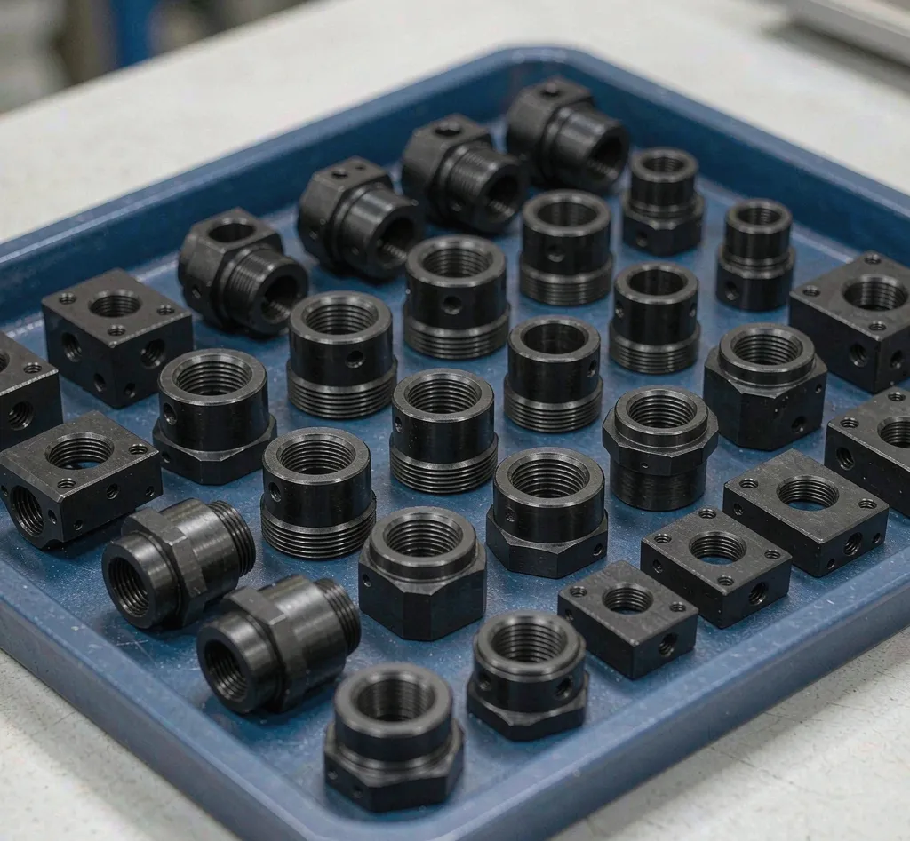Tray of finished anodized optical structural parts