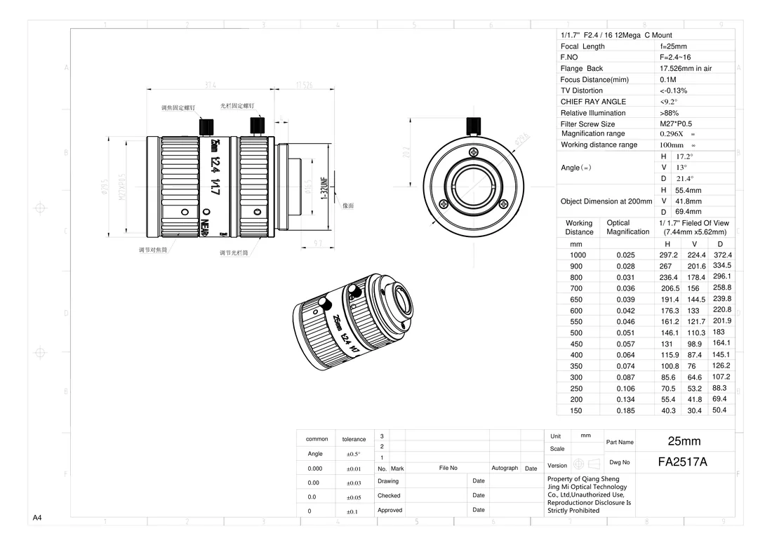 FA2517A dimensional drawing and specification table, from the FA2517A datasheet