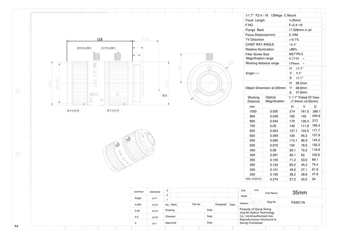 FA3517A dimensional drawing and specification table, from the FA3517A datasheet