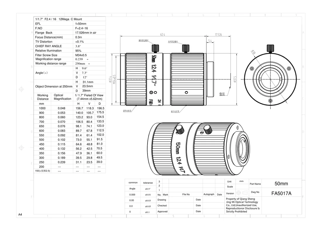 FA5017A dimensional drawing and specification table, from the FA5017A datasheet