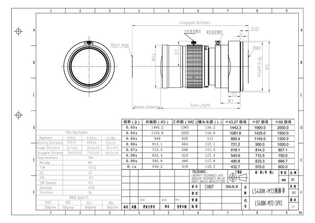 LS408K-0.045X dimensional drawing and specification table, from the LS408K-0.045X datasheet