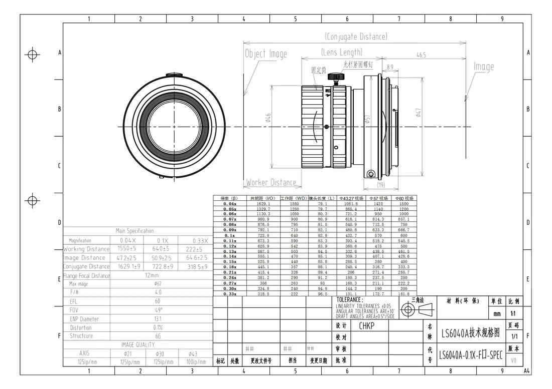 LS6040A-0.1X dimensional drawing and specification table, from the LS6040A-0.1X datasheet