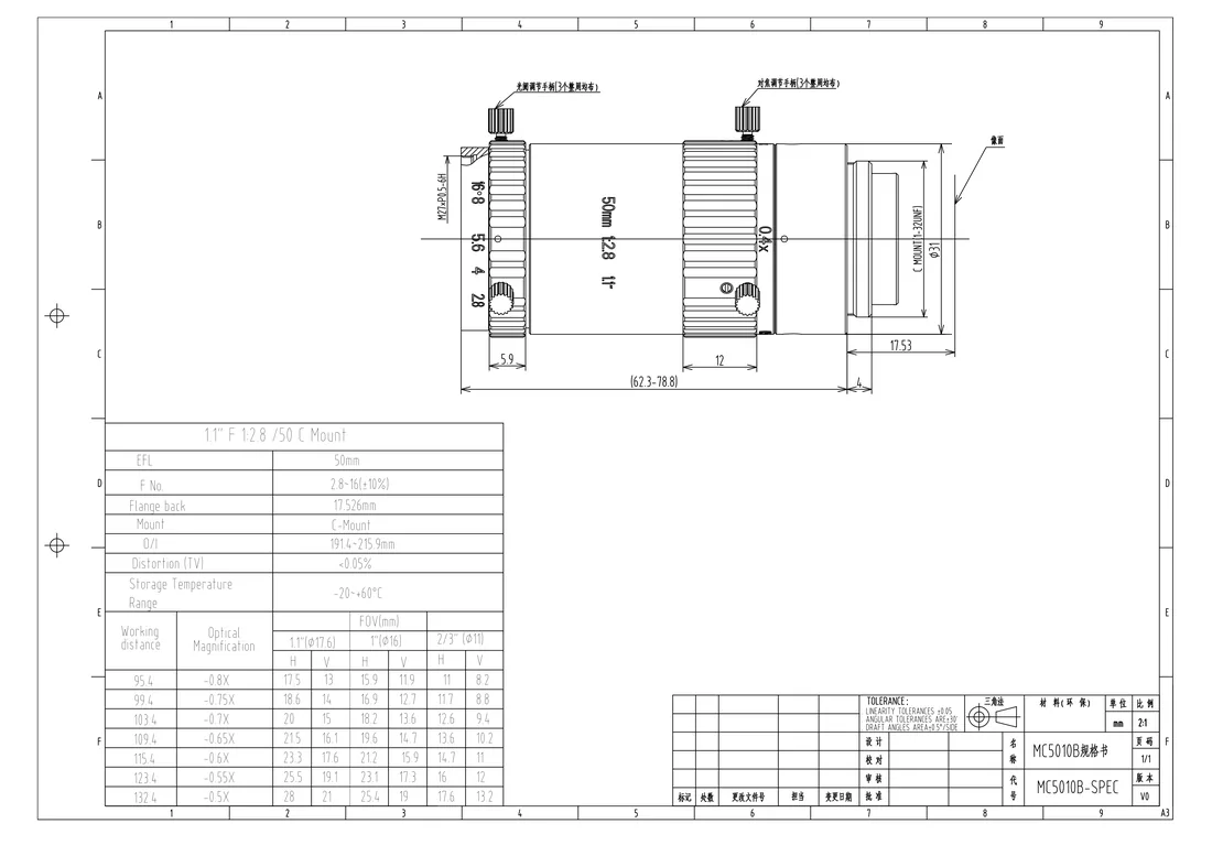 MC5010B dimensional drawing and specification table, from the MC5010B datasheet