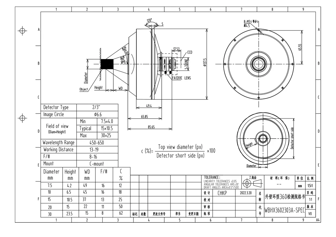 WBHX3602303A dimensional drawing and specification table, from the WBHX3602303A datasheet