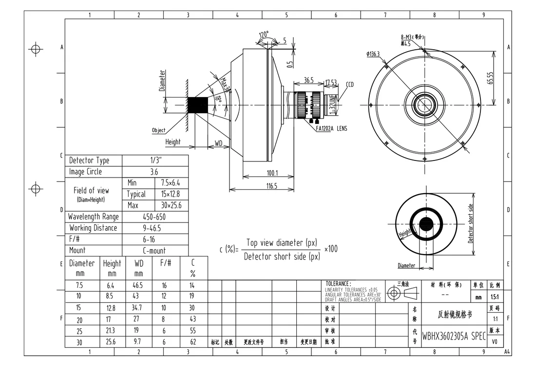 WBHX3602305A dimensional drawing and specification table, from the WBHX3602305A datasheet