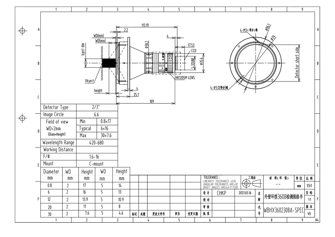 WBHX3602308A dimensional drawing and specification table, from the WBHX3602308A datasheet