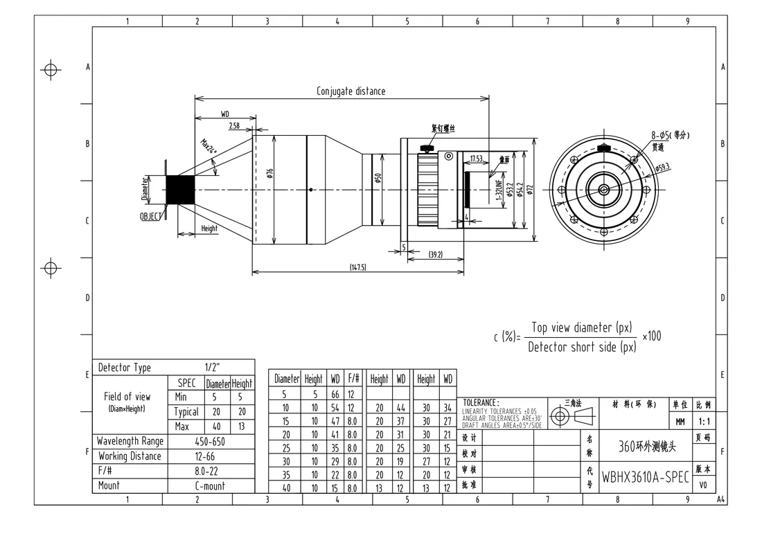 WBHX3610A dimensional drawing and specification table, from the WBHX3610A datasheet