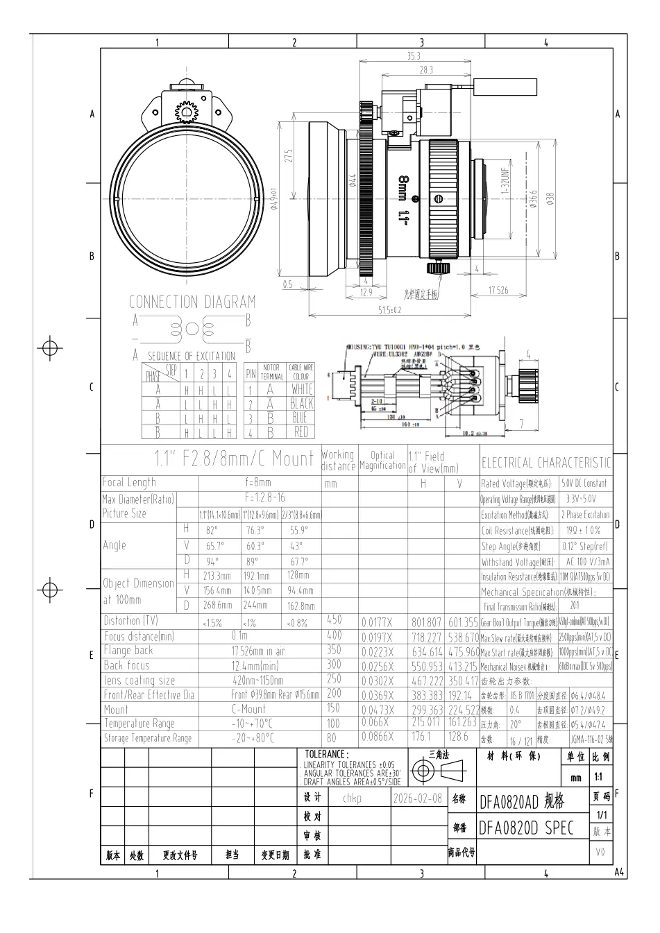 DFA0820D dimensioned drawing and specification sheet