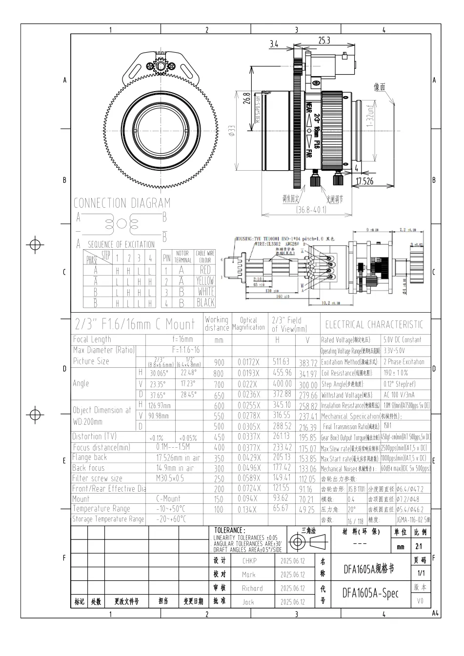 DFA1605A dimensioned drawing and specification sheet