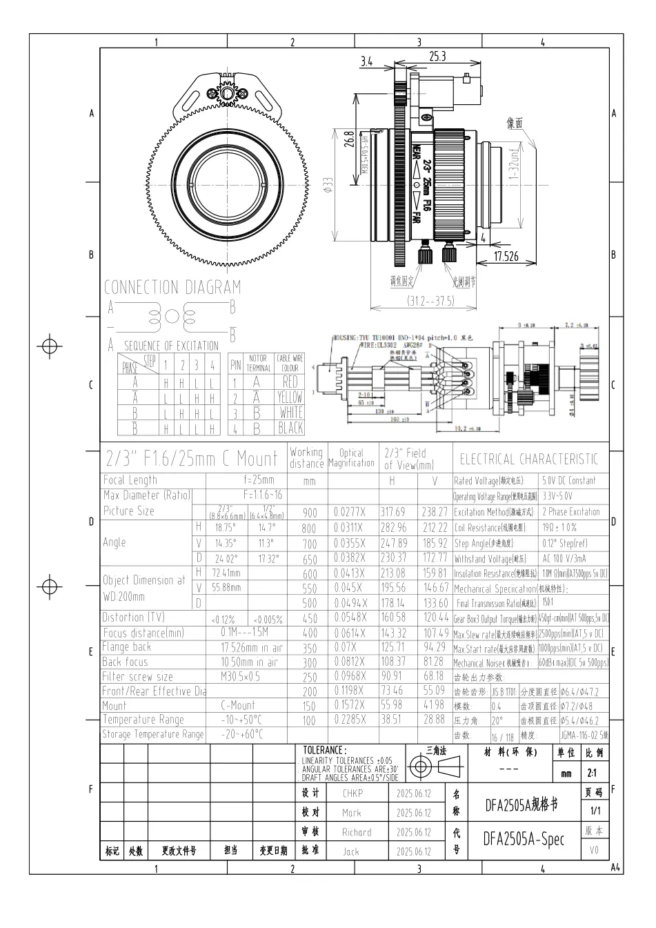 DFA2505A dimensioned drawing and specification sheet