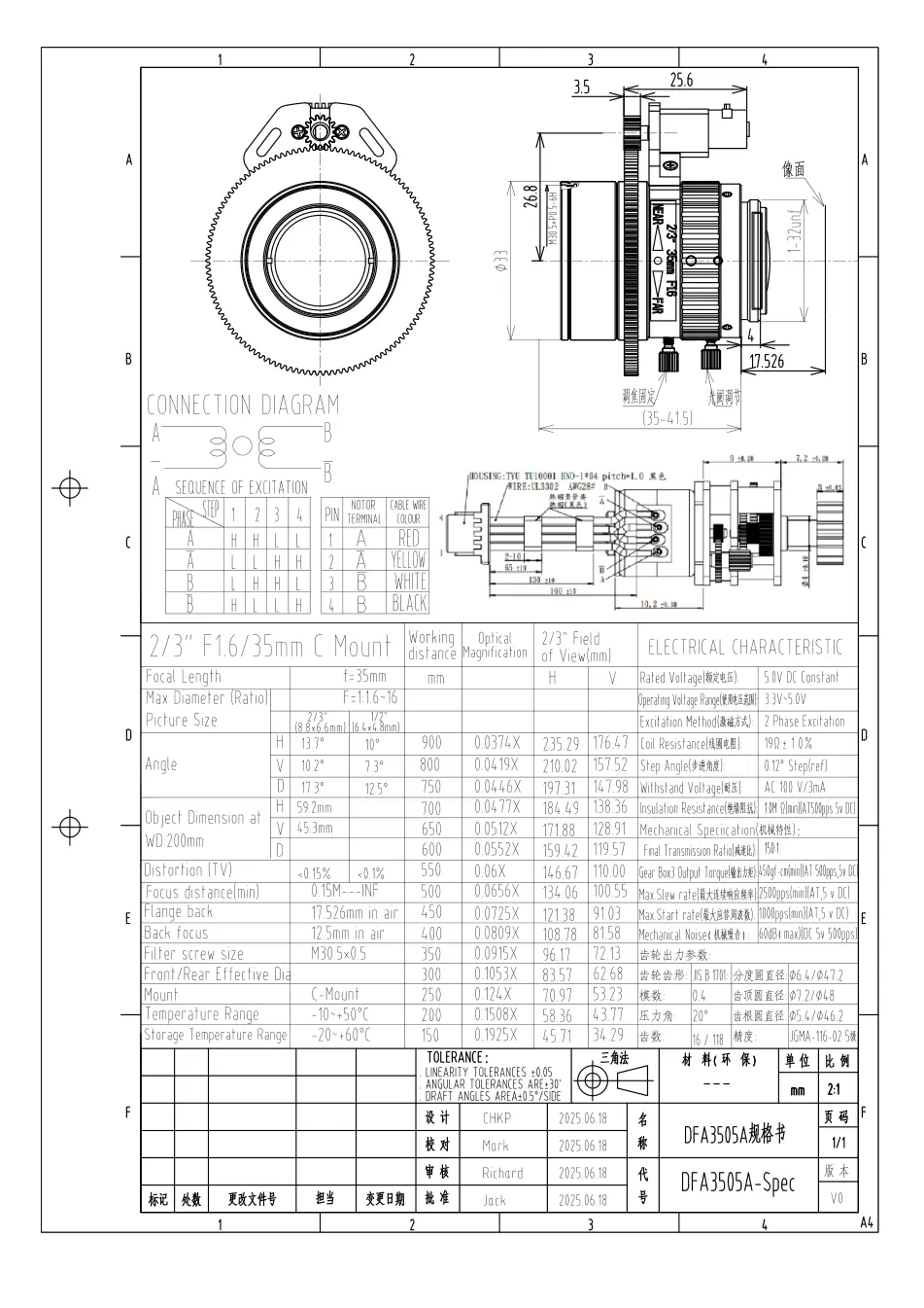 DFA3505A dimensioned drawing and specification sheet