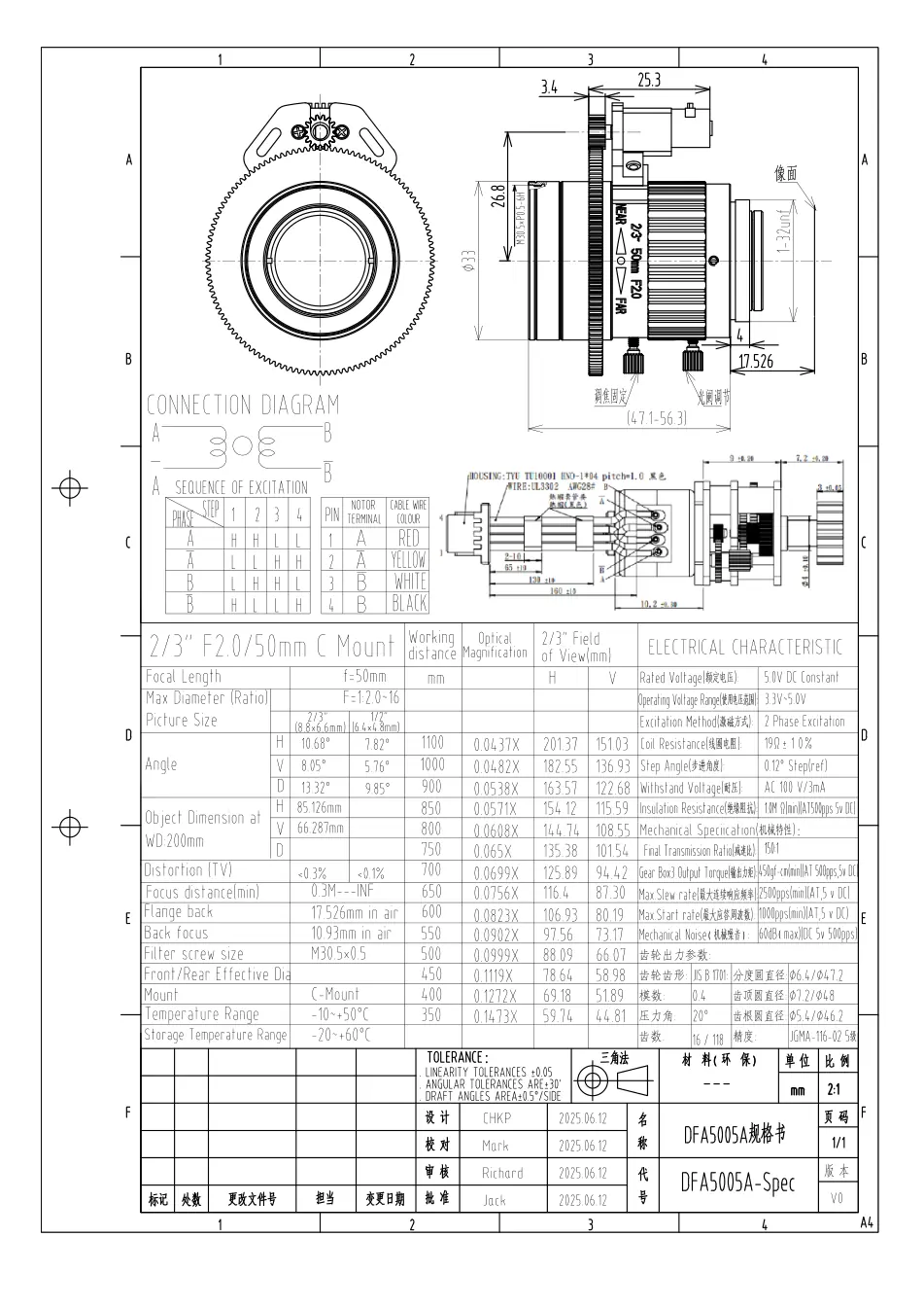 DFA5005A dimensioned drawing and specification sheet