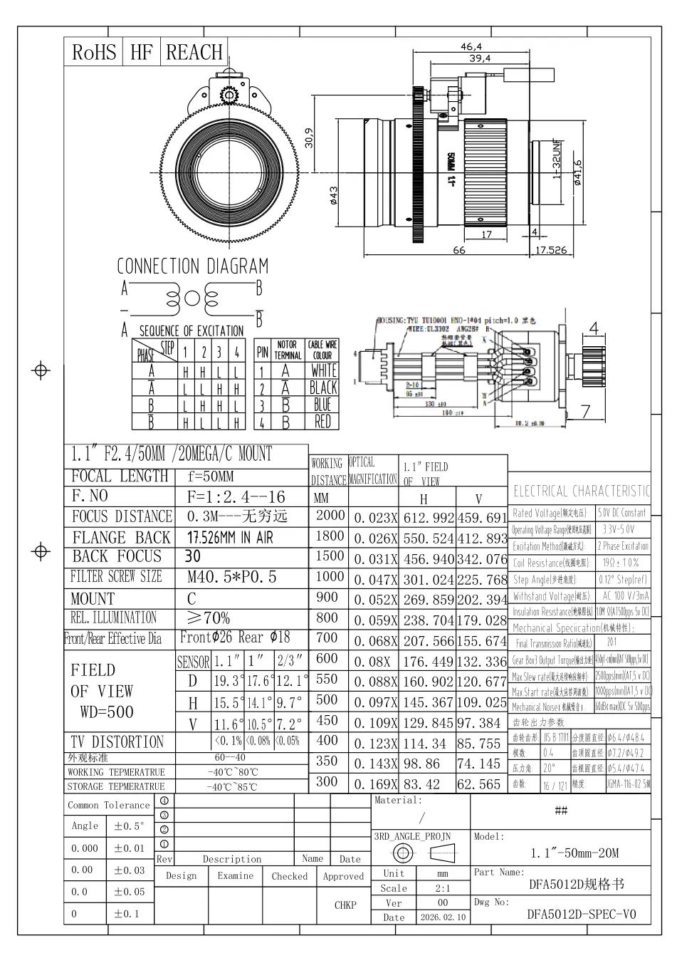 DFA5012D dimensioned drawing and specification sheet