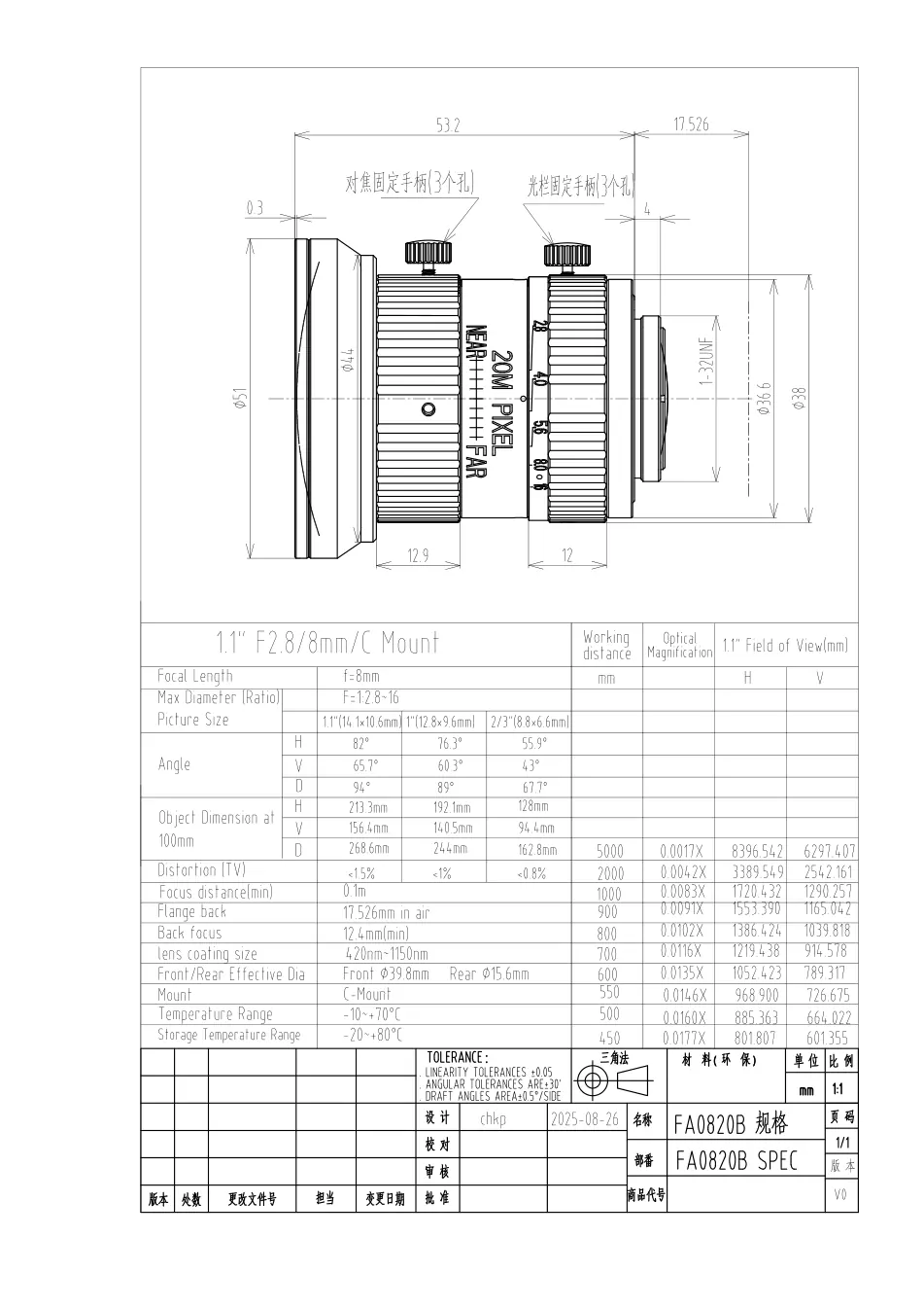 FA0820B dimensioned drawing and specification sheet
