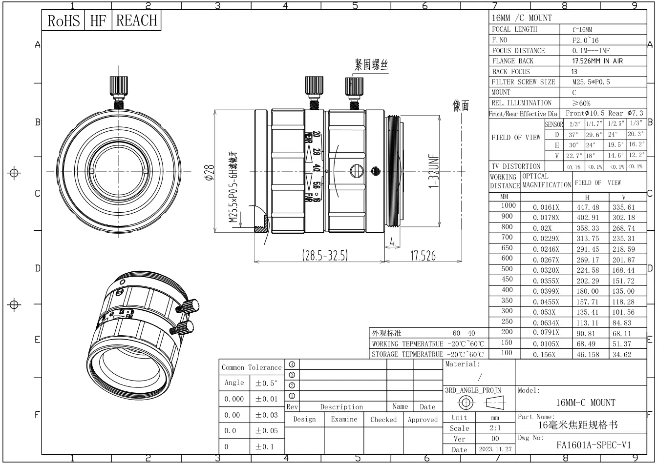 FA1601A dimensioned drawing and specification sheet