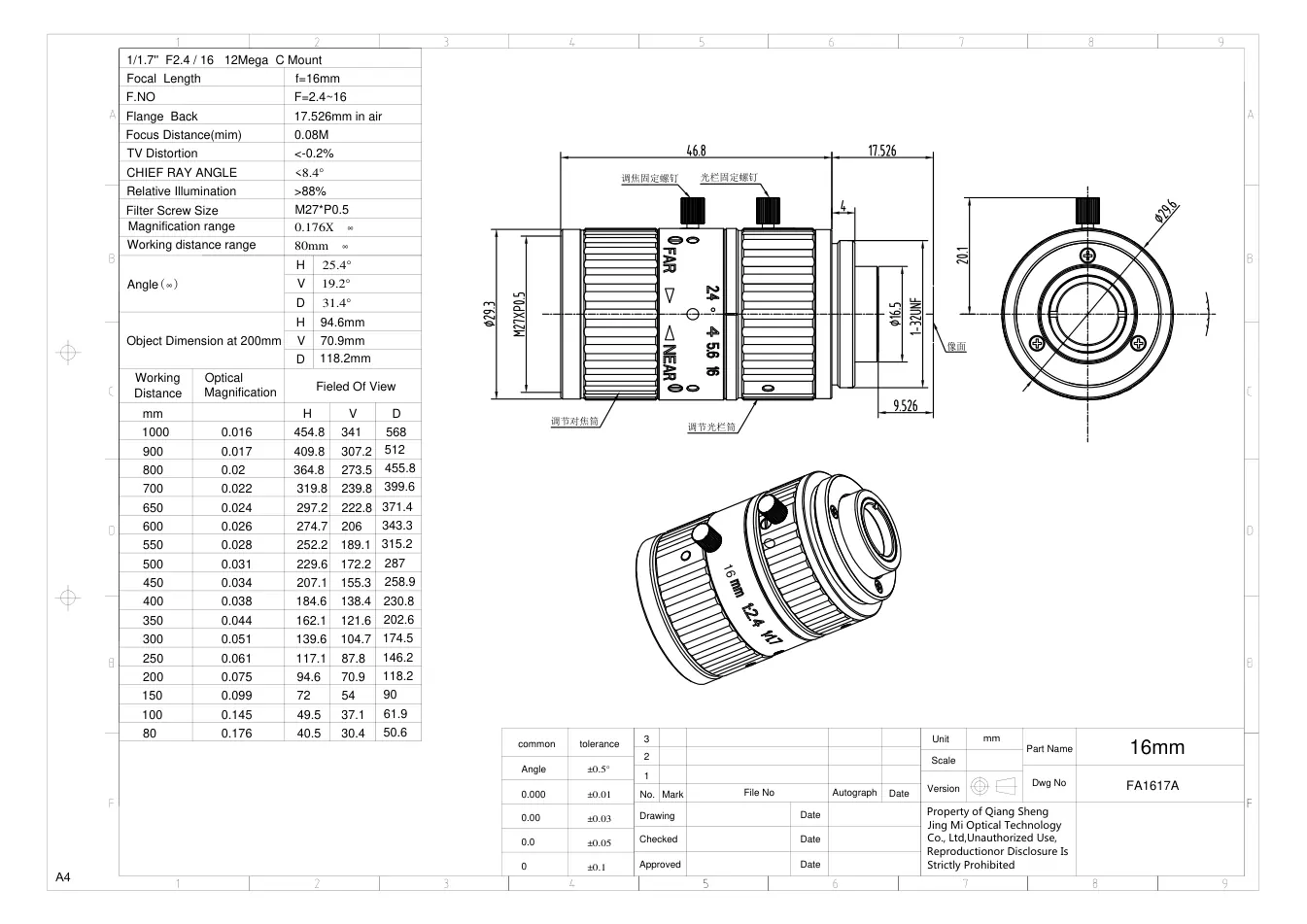 FA1617A dimensioned drawing and specification sheet