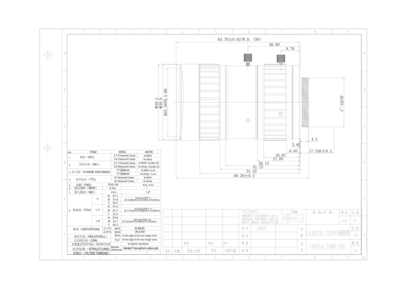 FA1825A dimensioned drawing and specification sheet