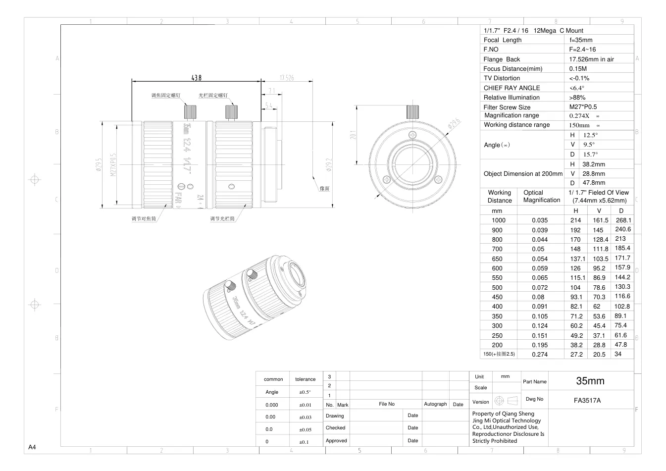 FA3517A dimensioned drawing and specification sheet