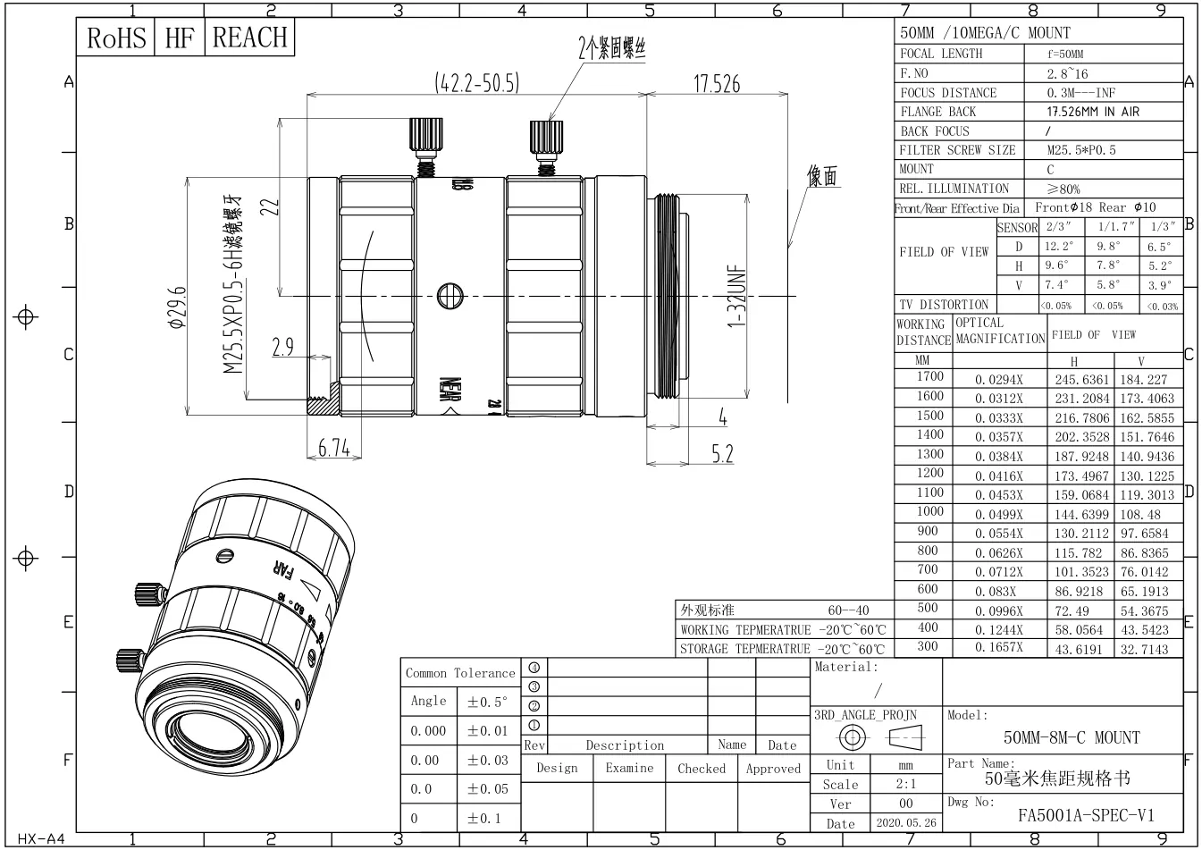 FA5001A dimensioned drawing and specification sheet