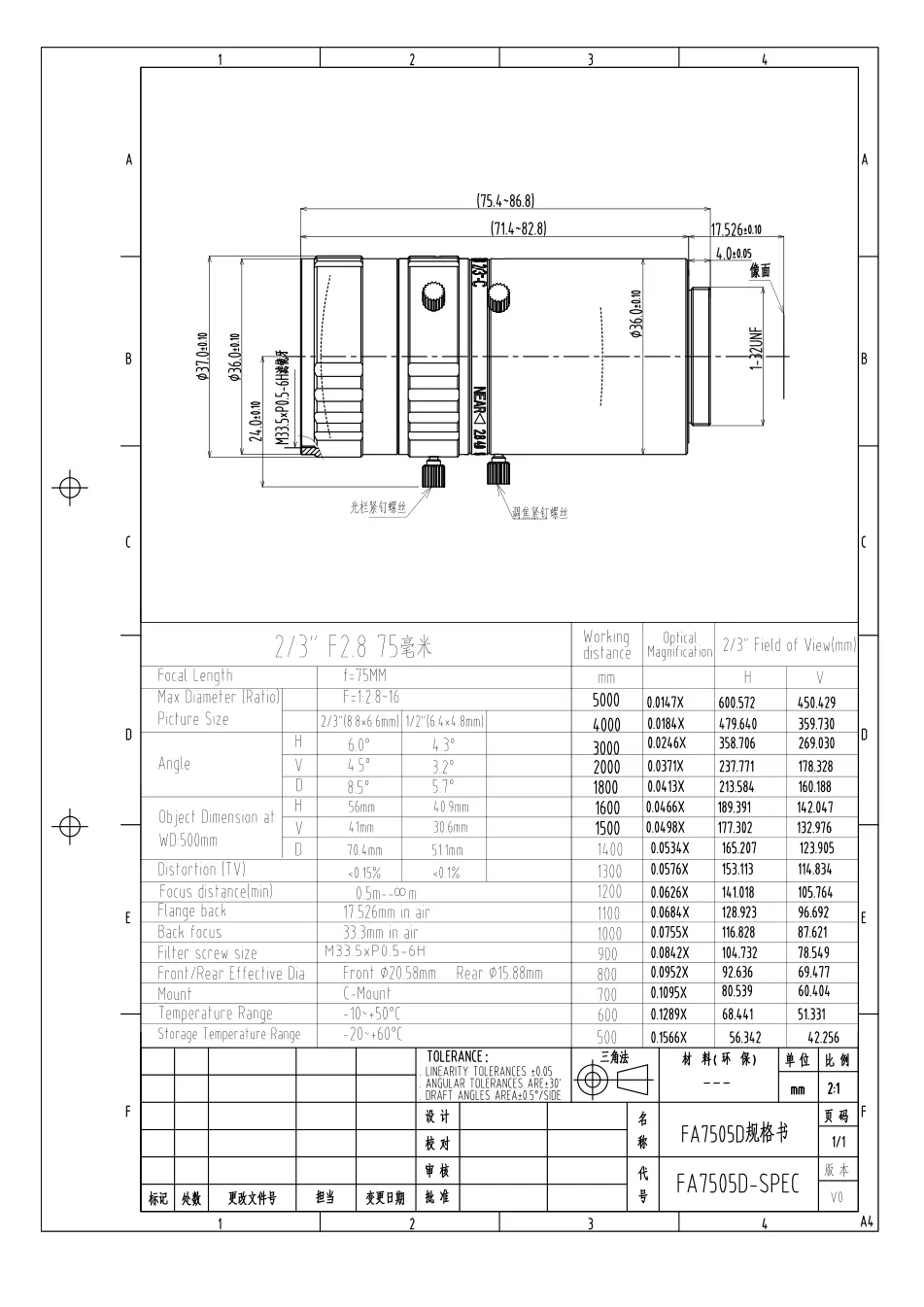 FA7505D dimensioned drawing and specification sheet