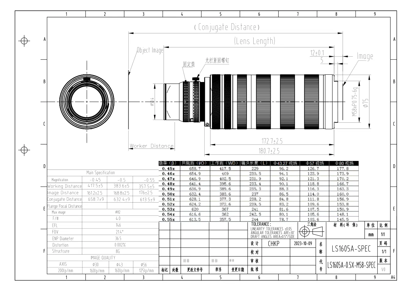 LS1605A dimensioned drawing and specification sheet