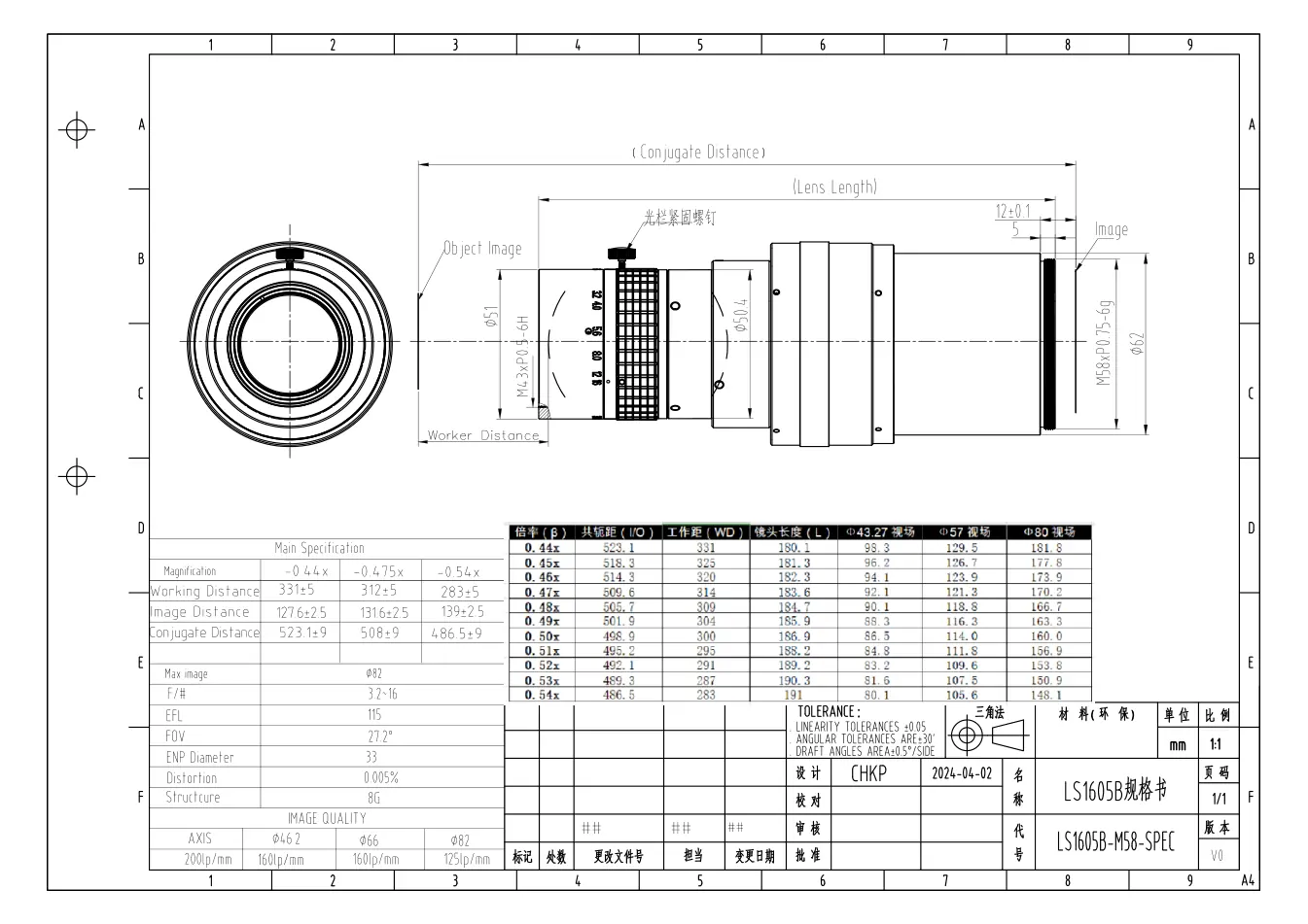 LS1605B dimensioned drawing and specification sheet