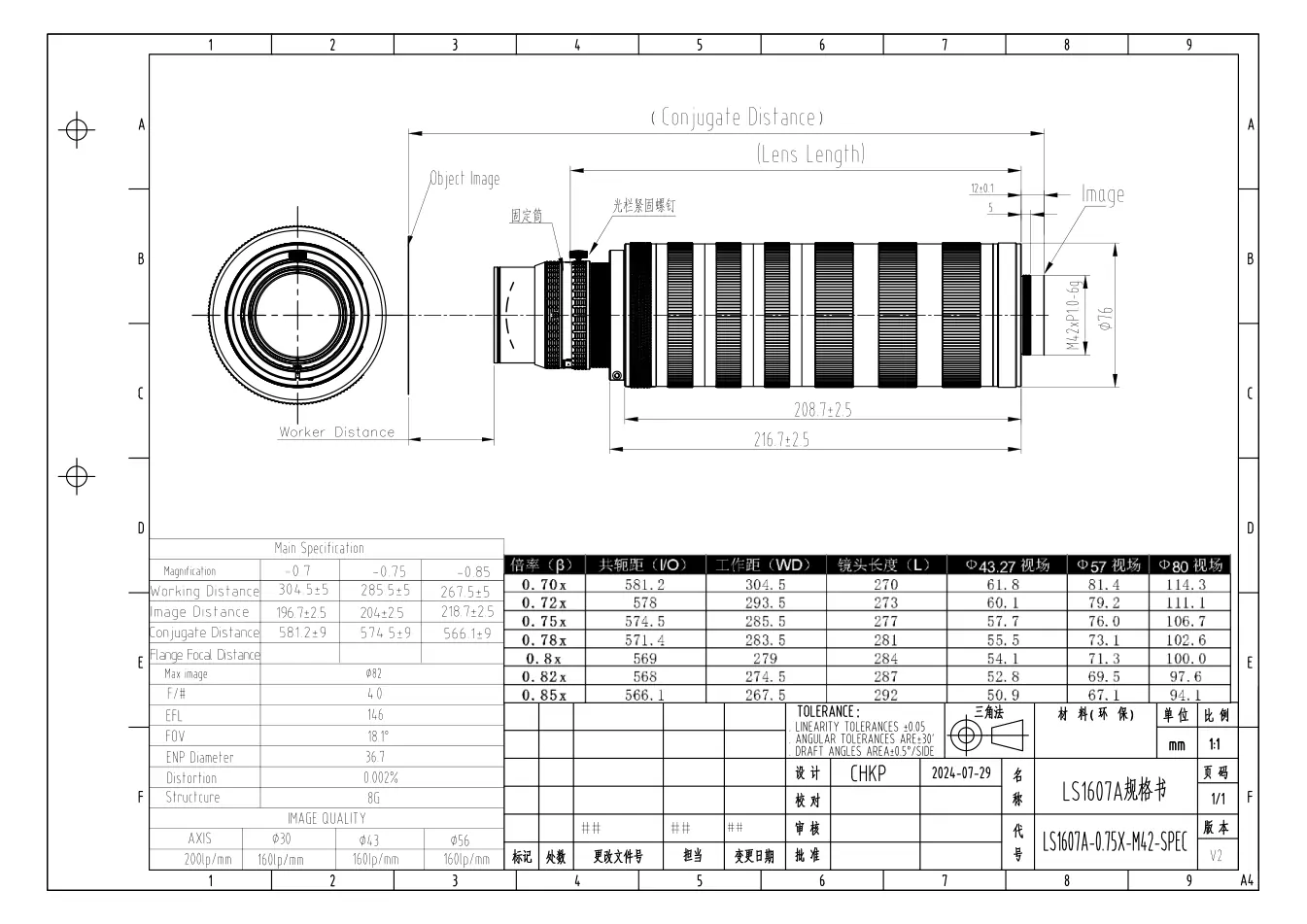LS1607A dimensioned drawing and specification sheet