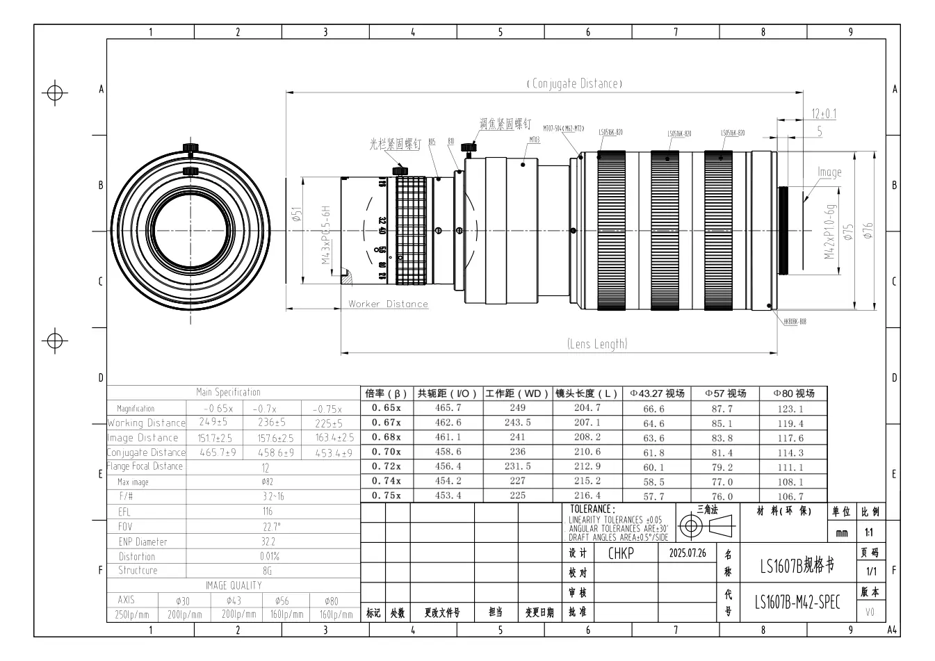 LS1607B dimensioned drawing and specification sheet