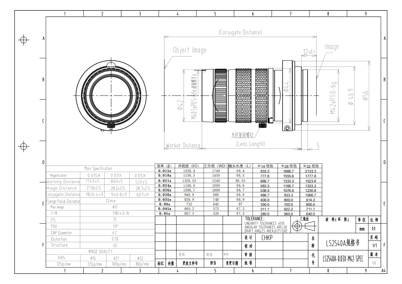 LS2540A-0.03X dimensioned drawing and specification sheet