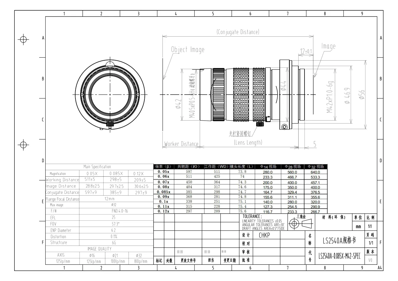 LS2540A-0.08X dimensioned drawing and specification sheet