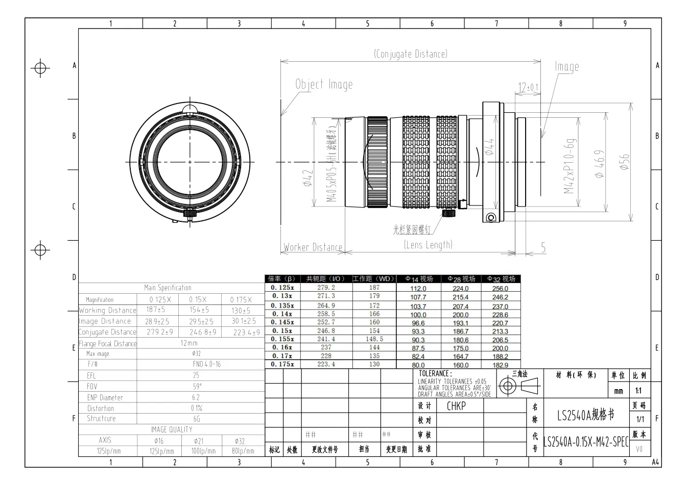 LS2540A-0.15X dimensioned drawing and specification sheet