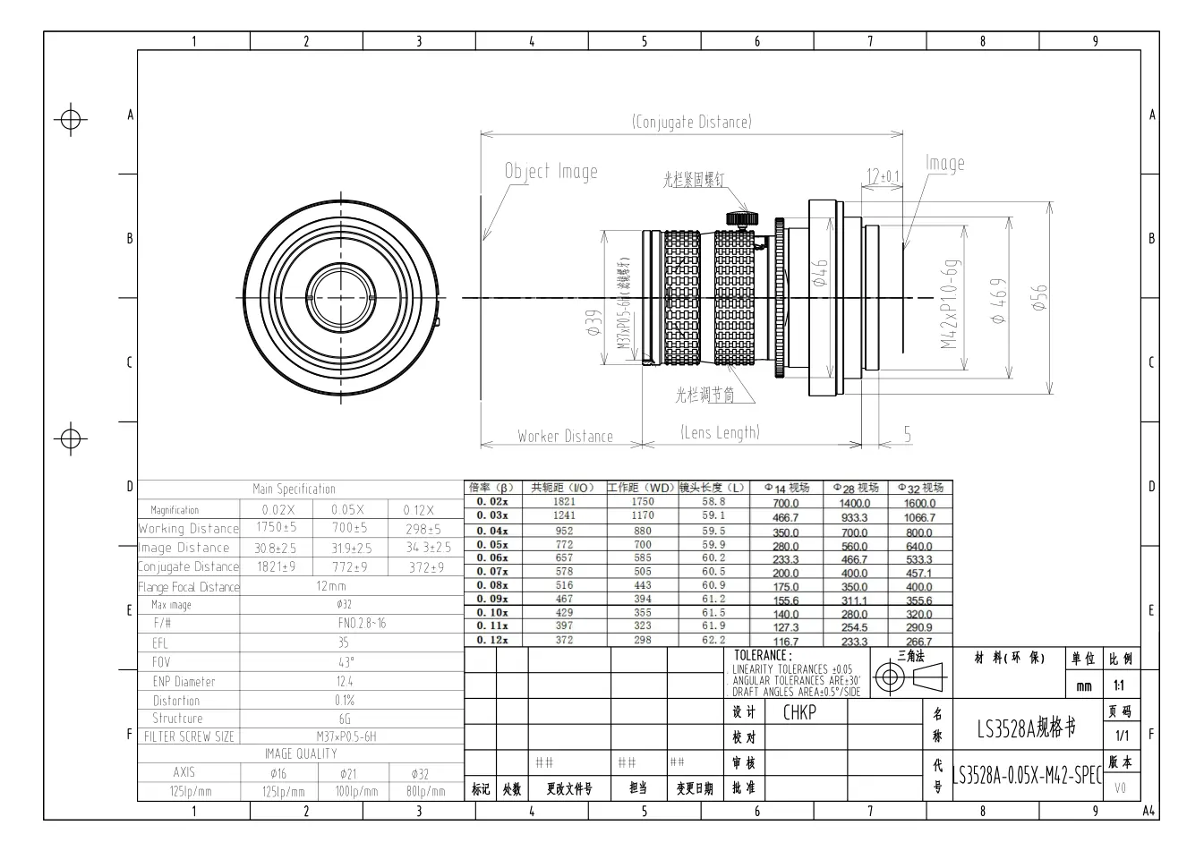 LS3528A-0.05X dimensioned drawing and specification sheet