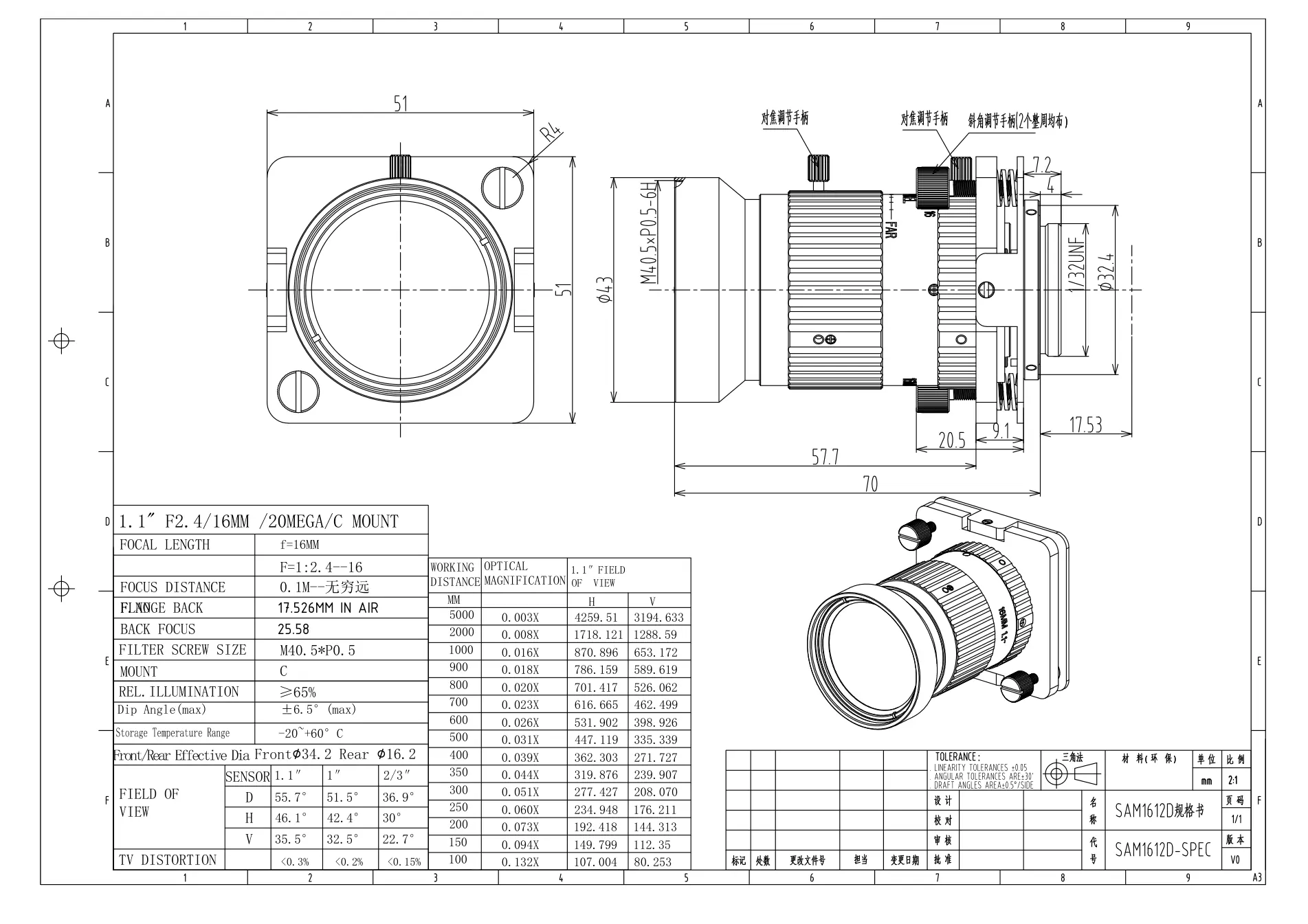 SAM1612D dimensioned drawing and specification sheet