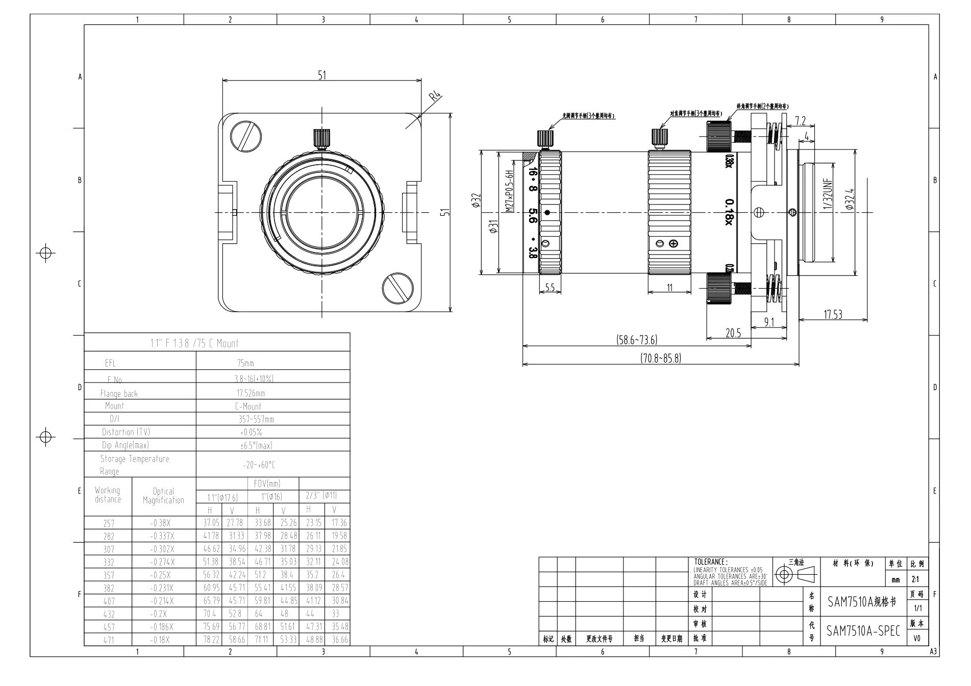 SAM7510A dimensioned drawing and specification sheet